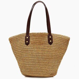 NWT J. Crew Woven Straw Market Tote Bag With Leather Handles and Gold Hardware